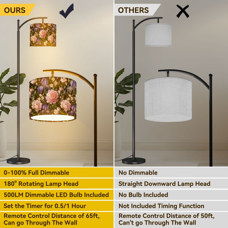  Lampe sur pied à arc avec pivoines roses et mauves, grande lampe sur pied moderne, abat-jour réglable en lin à 3 couleurs