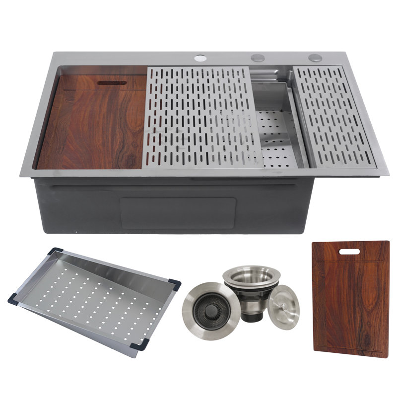 Évier de cuisine à simple cuve à montage sur le dessus Hexagon 42 po avec égouttoir intégré, Argent