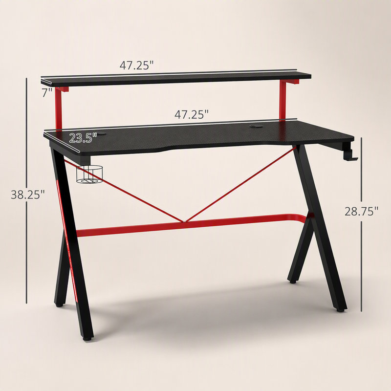 Bureau de jeu HOMCOM 47 pouces, bureau d'ordinateur de course, poste de travail pour la maison ou le bureau, avec tablette surélevée pour écran, porte-gobelet rotatif et crochet pour casque, noir