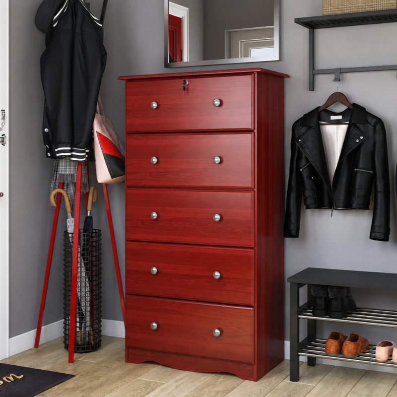 Commode 5 tiroirs 100% bois massif avec serrure et boutons en métal, Acajou
