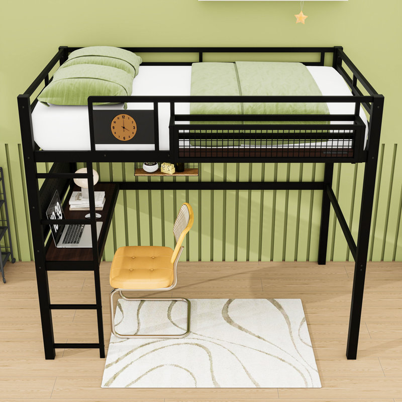 Metal Loft Bed Frame with Built-In Desk, Charging Station, Clock and Storage Basket, Lit double