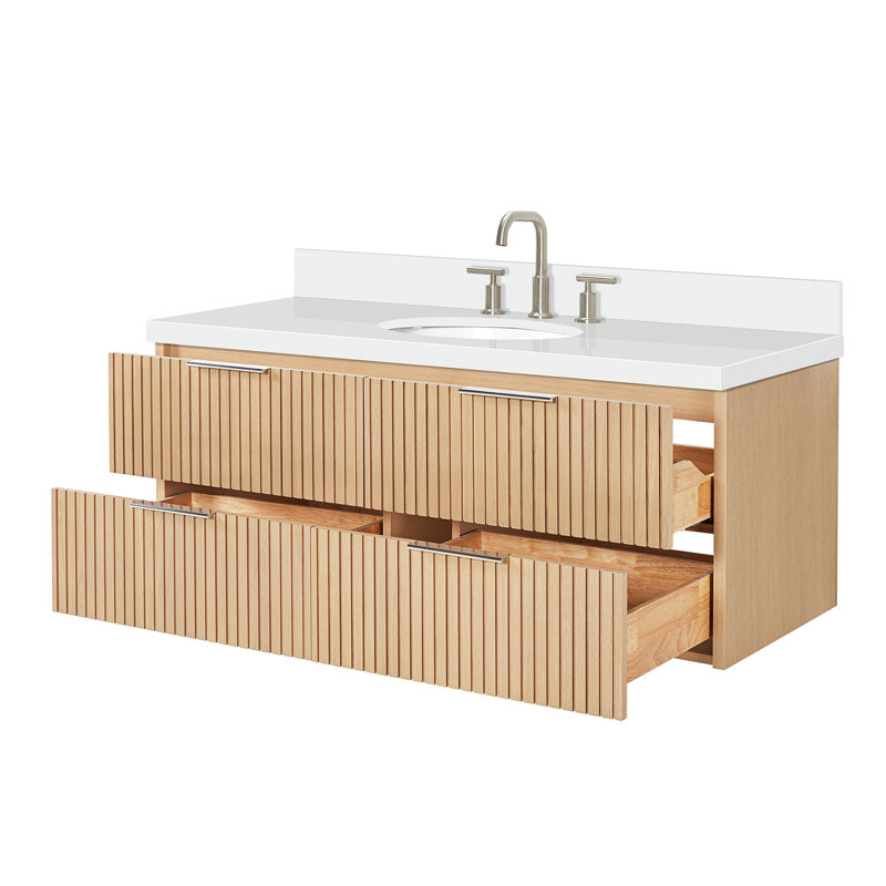Meuble-lavabo mural simple 55 po avec comptoir en quartz blanc pur 1,5 po Mulloy, Ovale, Chêne naturel