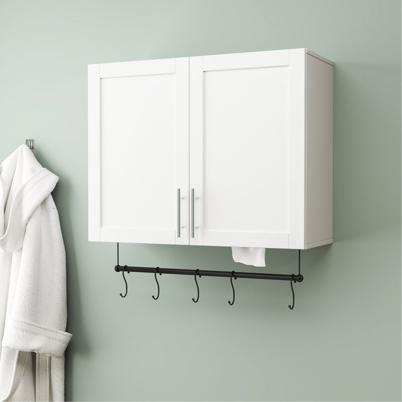 Armoire murale de salle de bain avec tablette réglable, porte-serviettes, 5 crochets - blanc, panneau de particules de 15 mm et 3 m, utilisation au-dessus de la toilette, armoire de rangement, crochets, tableau, salle de bain, cuisine, utilitaire