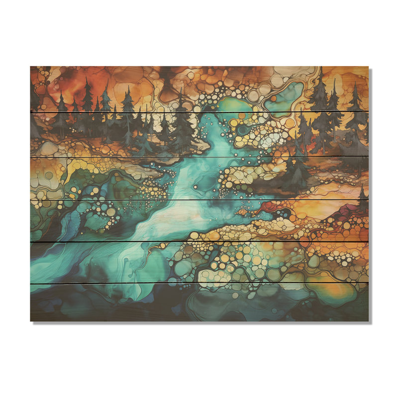 Dreamscape Lakes Rivers Liquid Ink Landscape I - Lake River Wood Wall Art On Natural Pine Wood, 24" H x 32" W