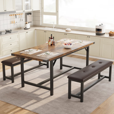 63" Extendable Dining Table Set with 2 Benches, 3-Piece Rectangle Kitchen Table Set for 4-6 People, Industrial Wood Dinette Set with Sturdy Metal Fram