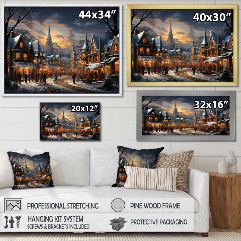 «Winter Village Carnival III», impression d'art mural, H 34 po x l 44 po x P 1,5 po, Cadre flottant doré