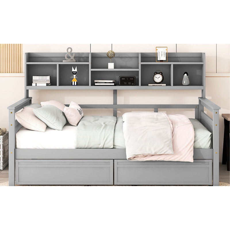 Lit de jour élégant en gris, base en lattes de bois, tablette de chevet et 2 tiroirs - Structure polyvalente pour l'intérieur de la maison, décor multifonctionnel