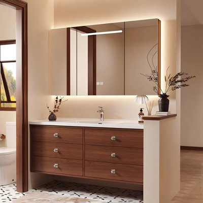 47.64"Solid Wood Rubberwood Bathroom Washbasin Vanity With a Mirror Cabinet