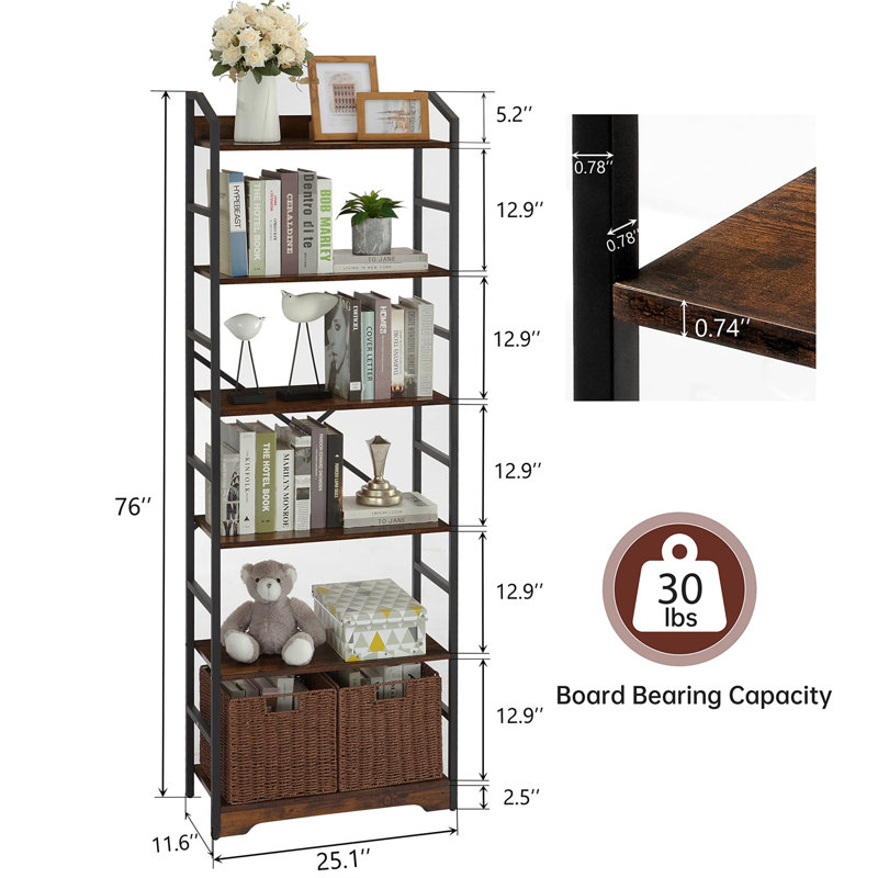 Versatile 6-Tier Rustic Bookshelf With Removable Storage Baskets - Space Saving Design