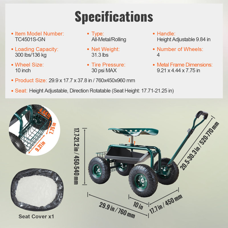Green Steel Rolling Garden Cart with Swivel Seat