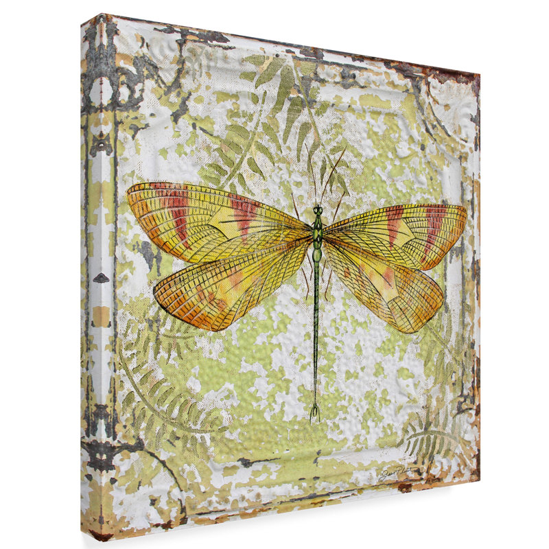 Large Yellow and Red Dragonfly on Green Tin Tile Canvas Art