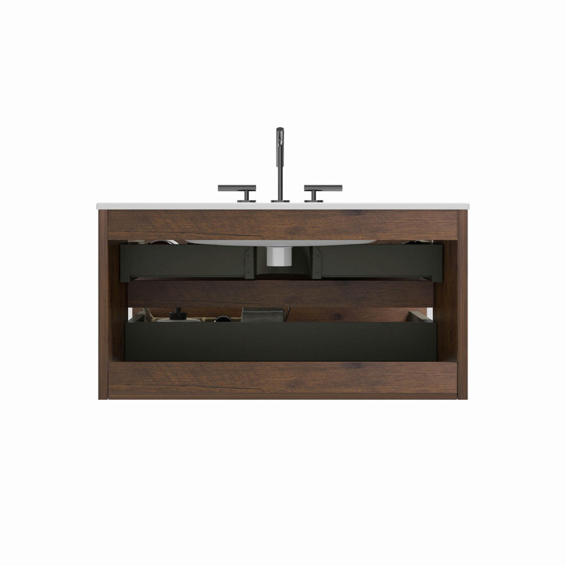 Meuble-lavabo mural 36 po en noyer avec lavabo en céramique et trois trous de robinet, grand meuble-lavabo flottant de rangement pour salle de bain moderne, pré-assemblé
