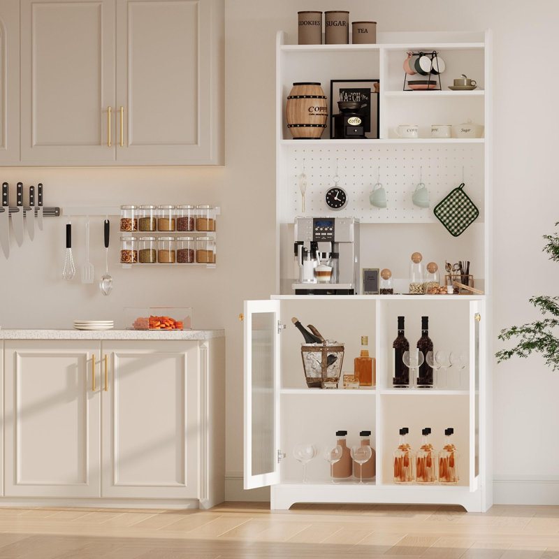 71" Tall Pantry Cabinet with 2 Glass Doors, Freestanding Kitchen Storage Cabinet with Open Storage & Adjustable Shelves, Modern Cupboard Coffee Bar for Dining Room, Living Room