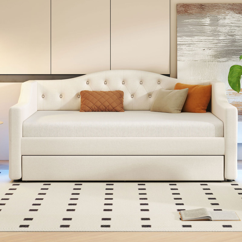 Lit de jour rembourré XL avec ceinture DEL et lit gigogne, Beige