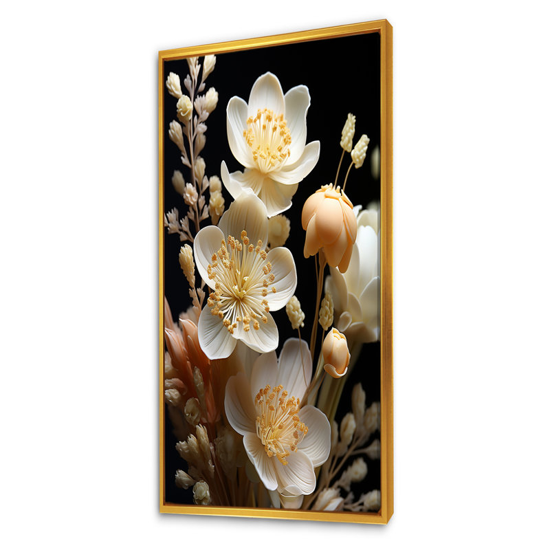 Romantiques fleurs sauvages blanches - art mural fleurs, H 60 po x l 28 po x P 1,5 po, Cadre flottant doré