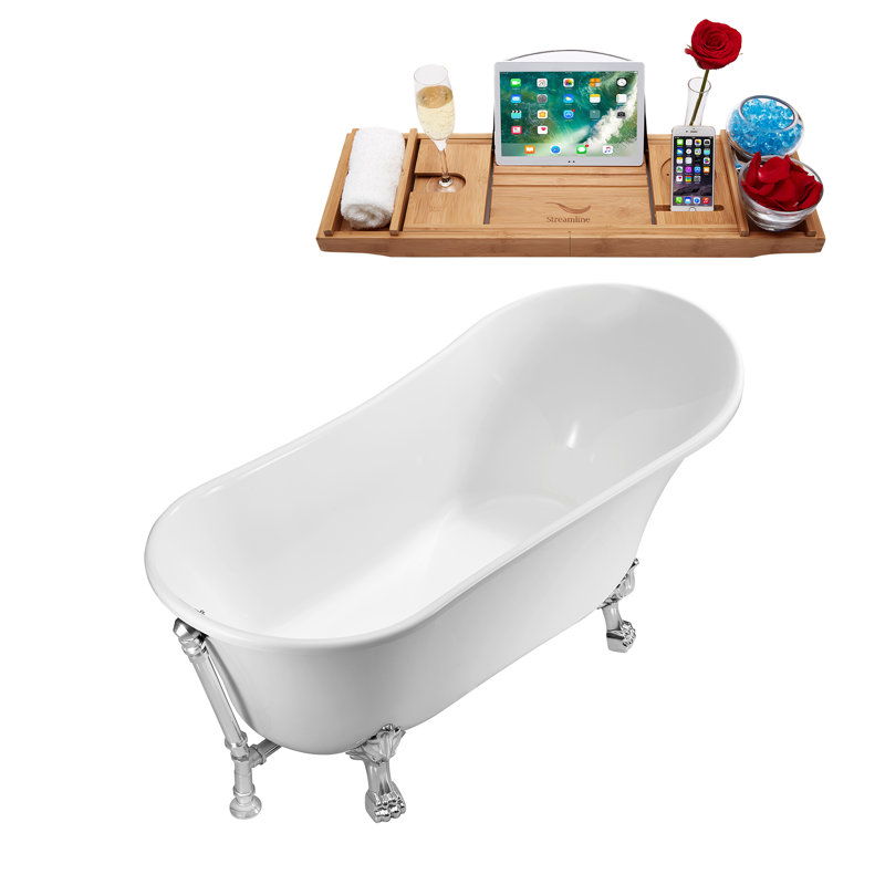 55" Streamline Clawfoot Soaking Acrylic Bathtub With Drain, Clawfeet, and Bamboo Tray, Polished Chrome, Polished Chrome