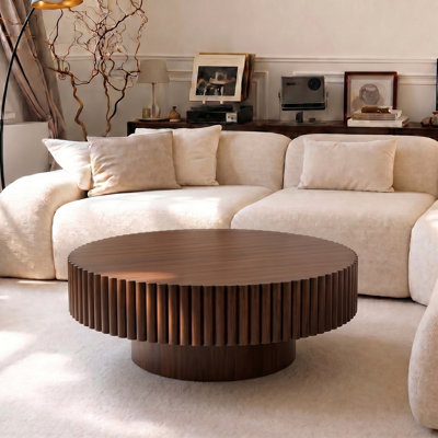 31.5'' Round Walnut Coffee Table, Modern Fluted Drum Wood Coffee Table With Pine Veneer, Mid-Century Centre Table For Living Room