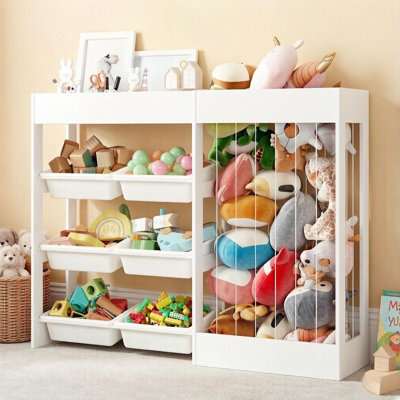 Toy Storage Organizer with Stuffed Animal Storage, Toddler Bookshelf with 6 Plastic Bins, Large Toy Stuffed Animal Holder with Bookcase for Children R by Isabelle & Max
