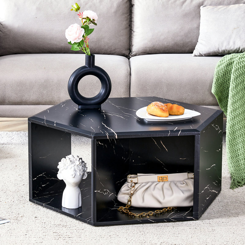 Table basse hexagonale en panneau de fibres à densité moyenne, autocollants à motifs caractéristiques, Noir