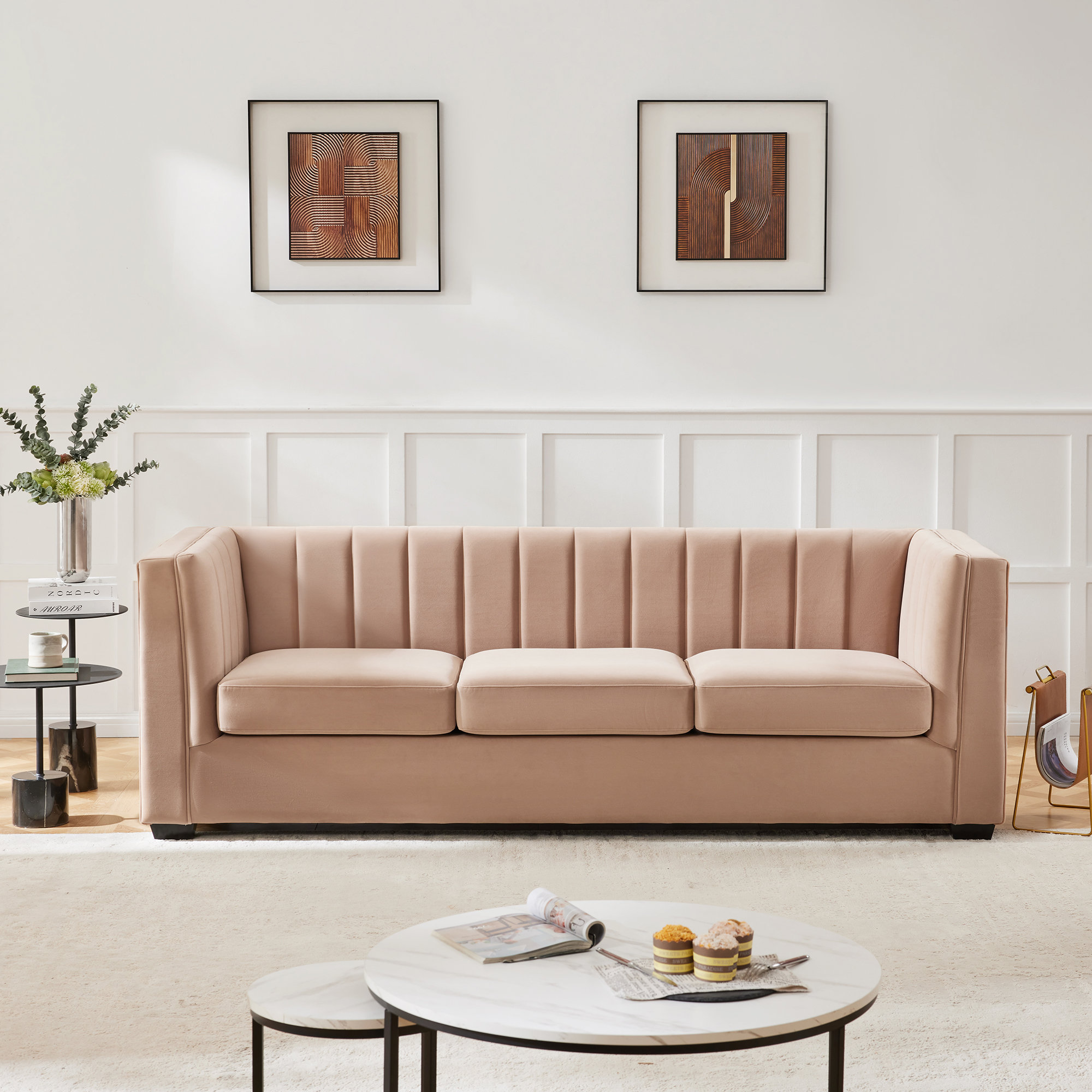 Allard Velvet Living Room Sofa, Beige Chenille