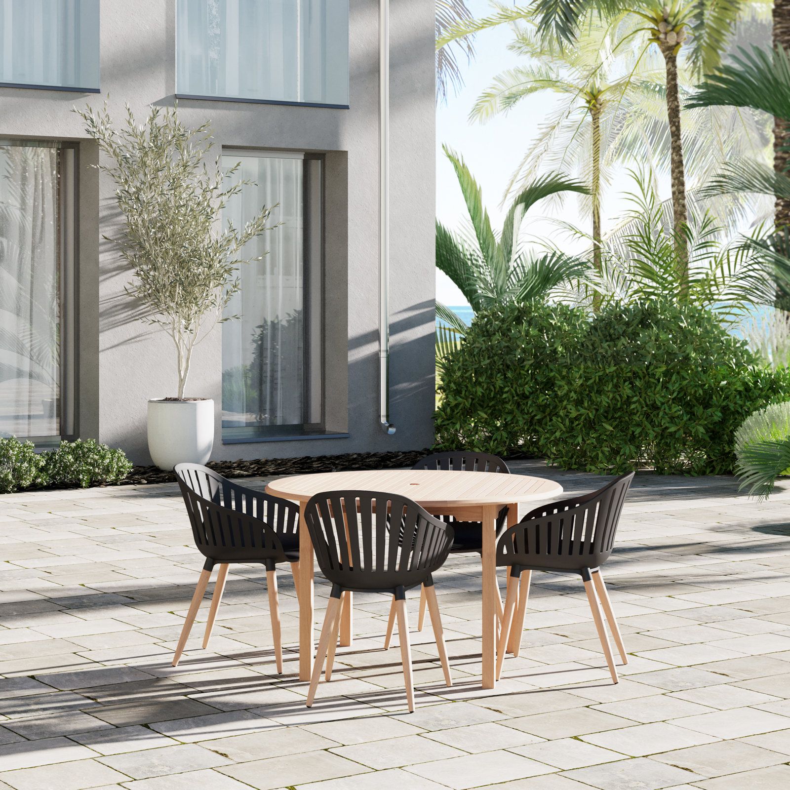 Anautica 47" Teak Patio Dining Set, Black/Beige