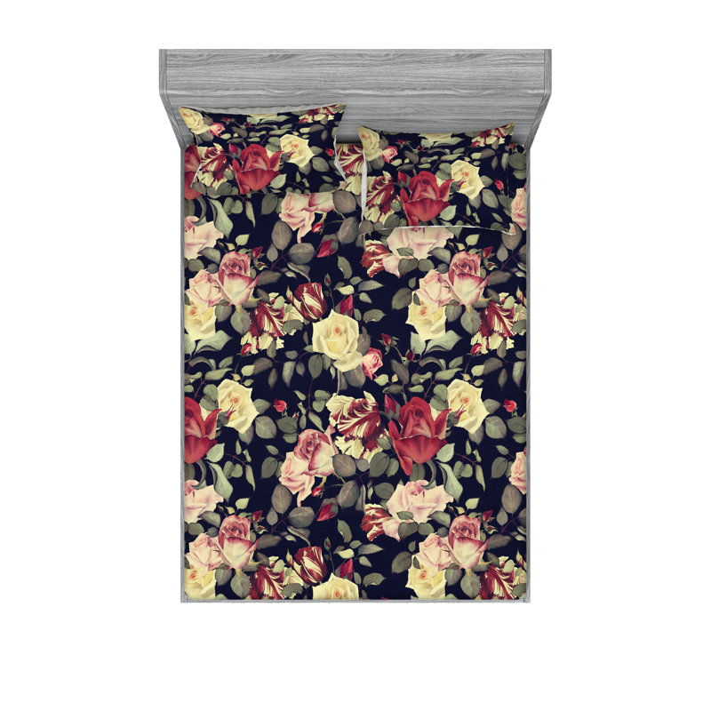 Drap-housse et taies décoratives 3 pièces Ambesonne, Crème, rose foncé, indigo / floral