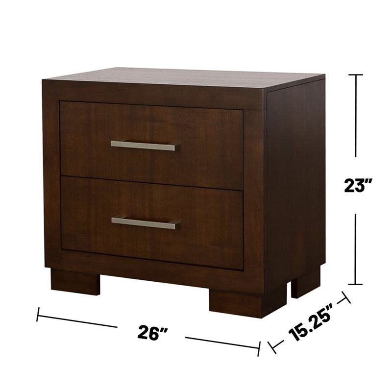 Table de chevet de couleur cappuccino avec 2 tiroirs pour la chambre à coucher - matériau de panneau de particules, doublure en feutre, meubles en finition argent à poignées en panneau, protection doublée,