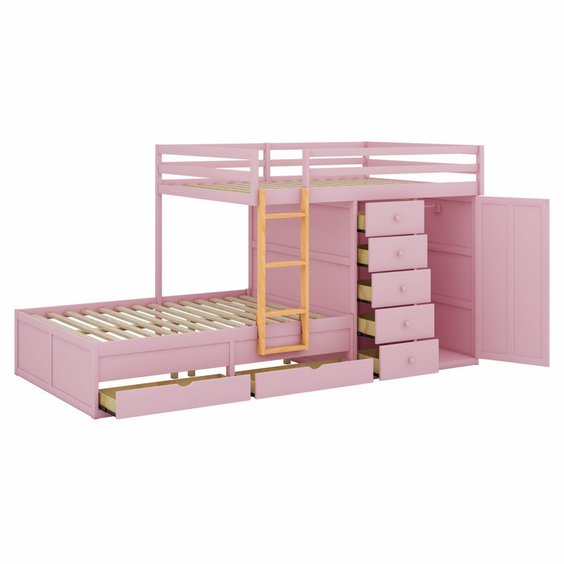 Bunk Bed With 2 Large Drawers 5 Small Drawers And Built-In Small Wardrobe, Sakura Pink