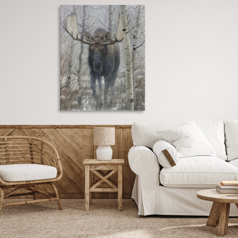 «Moose in Winter Birch Forest», conception par James Corwin, H 48 po x l 36 po