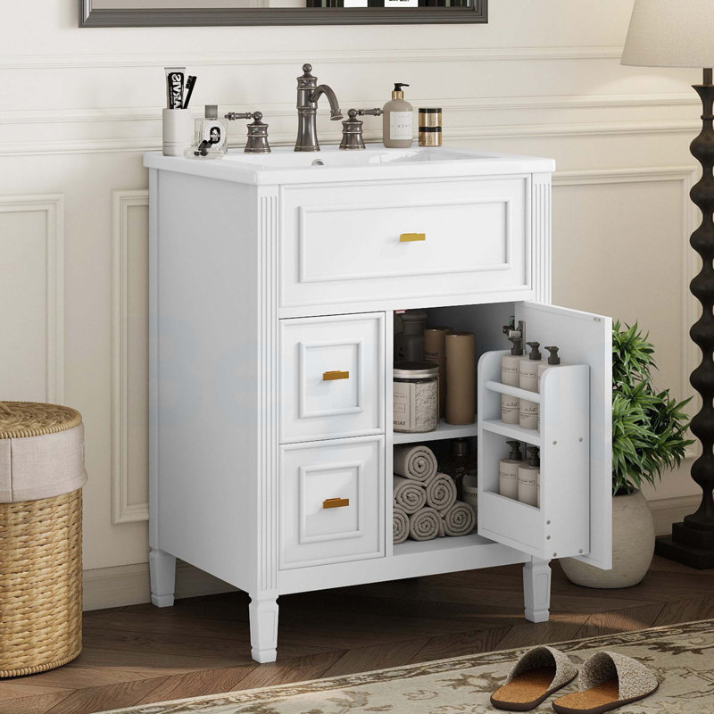 Meuble-lavabo de 24 po avec lavabo, tiroir rabattable, deux tiroirs, tablette réglable, bois massif et panneau de fibres à densité moyenne de couleur blanche