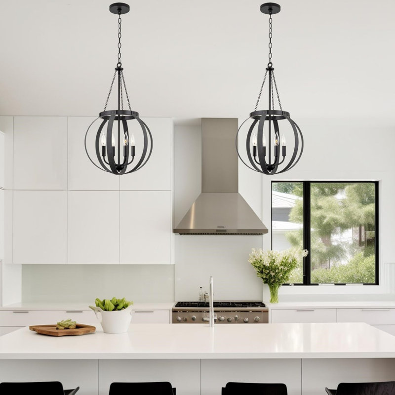 25" 4-Light Modern Fish Bowl Chandelier, Textured Gray + Black Finish