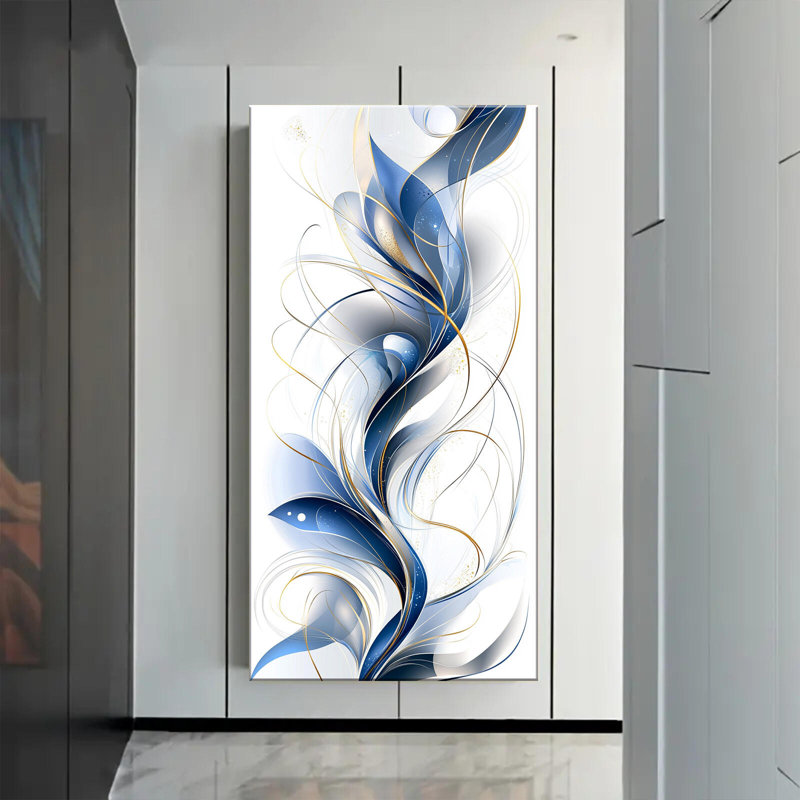 Unframed Vertical Canvas Wall Art Blue White Gold Swirl Fluid Abstract Contemporary Luxury Decor, H 32 po x l 16 po