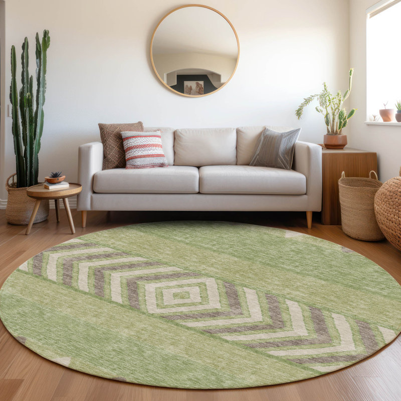 Premium Machine Washable Prisco Green Rug, Round 8'