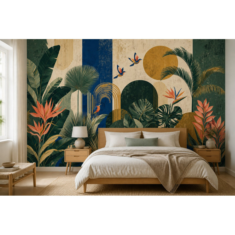 Fresque murale botanique tropicale Art Déco Jungle avec des oiseaux exotiques, 80"x96", Peel and Stick