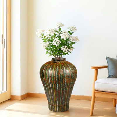 Vase de plancher 24 po en métal peint à la main antique