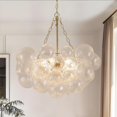 6-Light Brass Chandelier With Ribbed Globe Glass, 25 Inch Mid-Century Bubble Ceiling Light