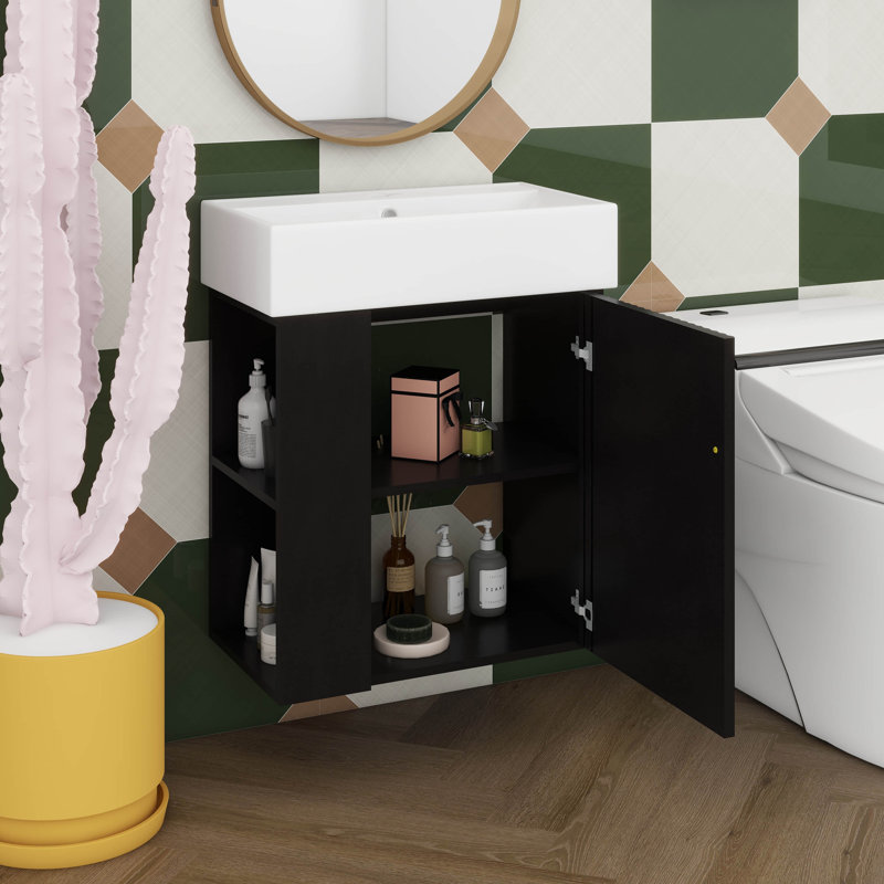 Meuble-lavabo flottant de 21,6 po avec lavabo, meuble-lavabo mural avec lavabo en céramique, rangement à gauche, Noir