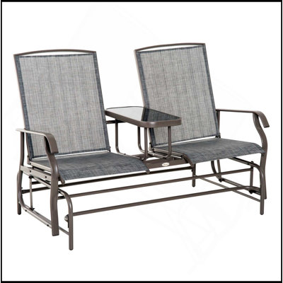 Outdoor Glider Bench with Center Table, Metal Frame Patio Loveseat with Breathable Mesh Fabric and Armrests for Backyard Garden Porch