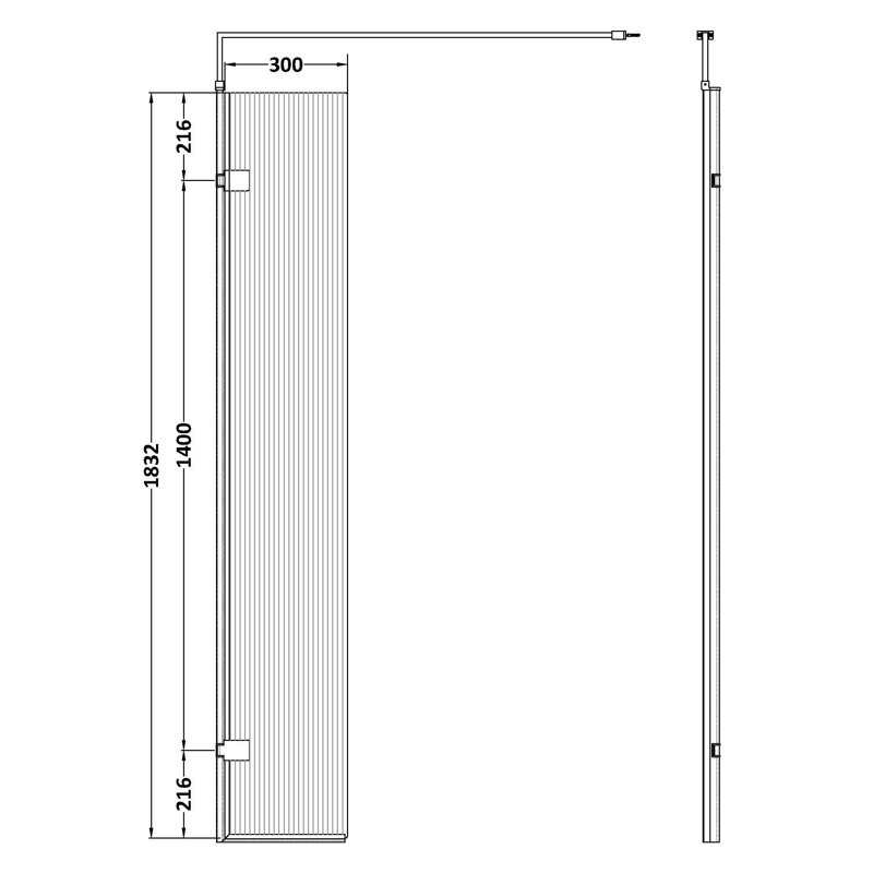 nuie 300mm Brushed Pewter Fluted Wetroom Return Screen With Support Bar