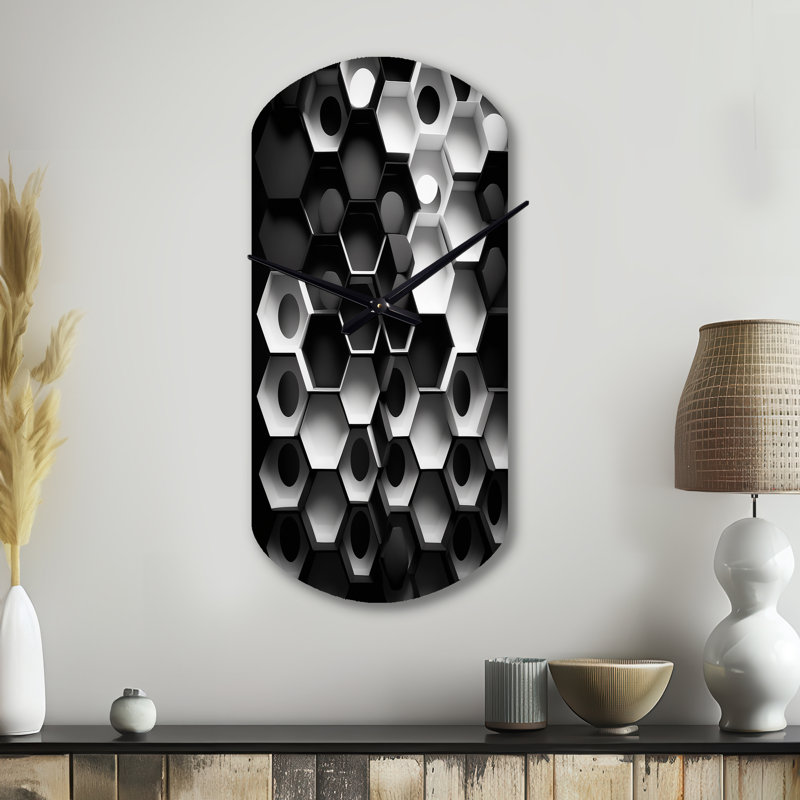 Abstrait géométrique noir et blanc II - horloge géométrique asymétrique en métal, impression d'horloge murale cylindrique noire