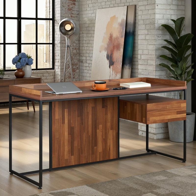 62" Writing Desk Walnut Finish Work Table with Storage Drawer & Sandy Black Metal Sled Base for Home Office/Study