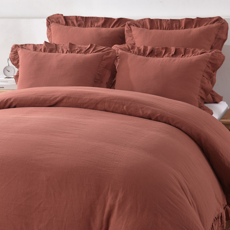 Linen Blend Farmhouse Duvet Cover Set, Queen Duvet Cover + 2 King Shams, Cayenne