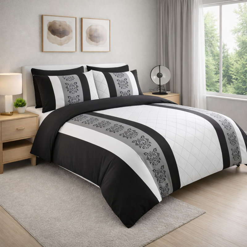 Microfiber Geometric Duvet Cover Set, Single (135cm x 200cm), Black & White