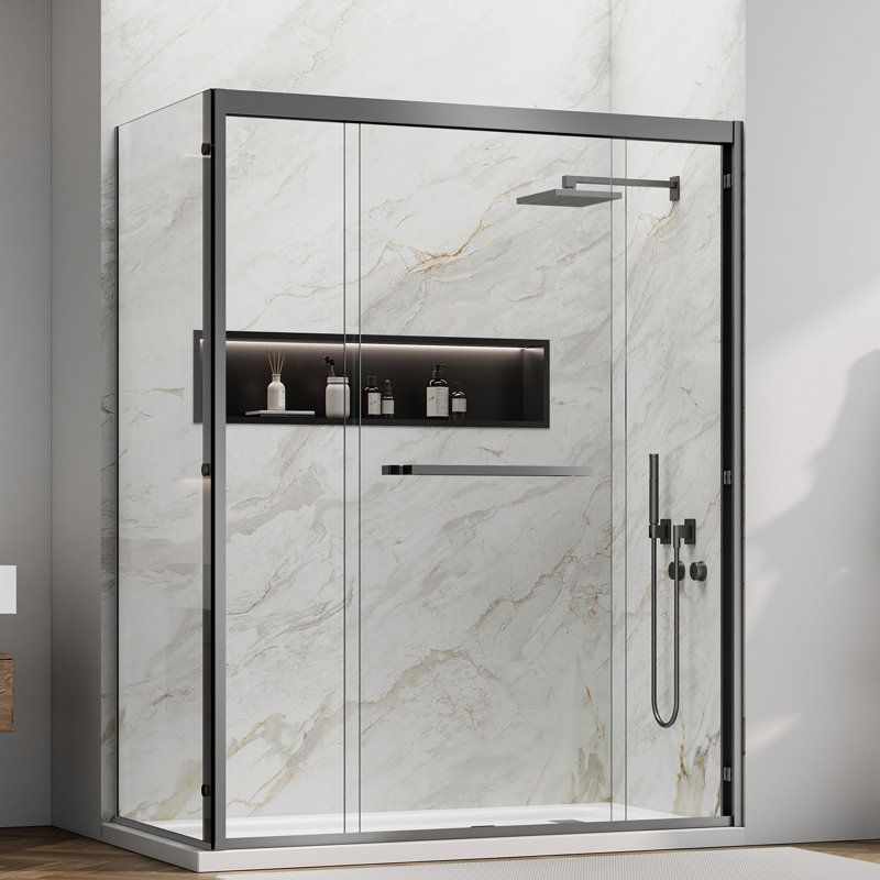 56-60  In.w X 32In.d X 76In.h Framed Rectangle Double Sliding Shower Enclosure,Corner Shower Enclosure,L-Shaped Shower Doors,5/16" (8Mm) Tempered Glass W/Dual Nano Coating Space Gray
