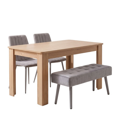Oak Effect Dining Table Set with 2 Grey Velvet Chairs and Grey Velvet Bench 4 Seater for Kitchen