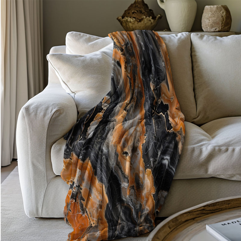 Marbre noir avec veines orange - couverture Sherpa de qualité supérieure 1 pièce, Grand lit
