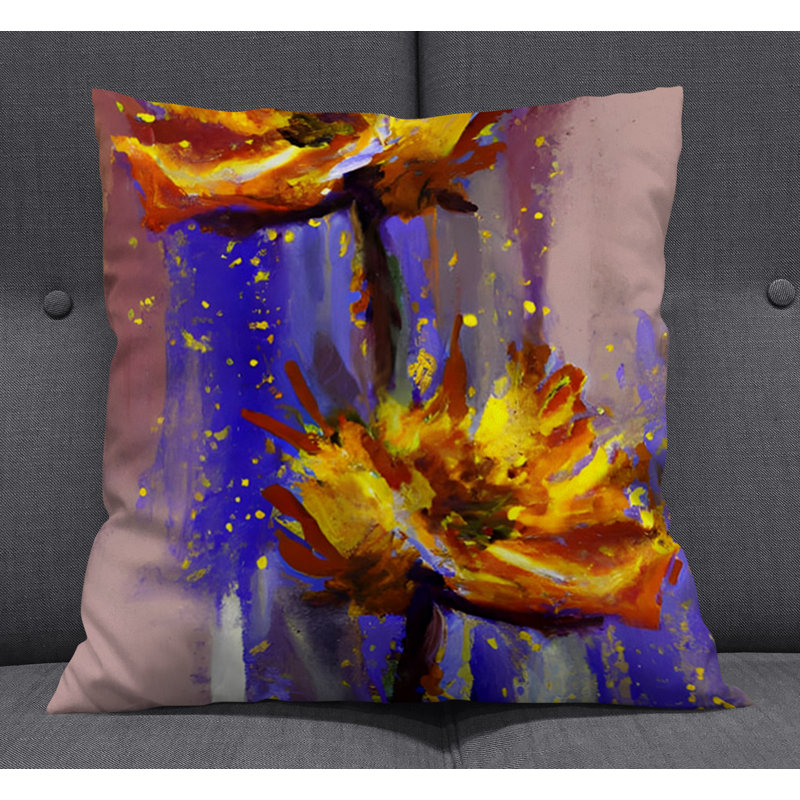 Throw Pillow With Insert, Orange/Purple Floral 2, 18"H x 18"W