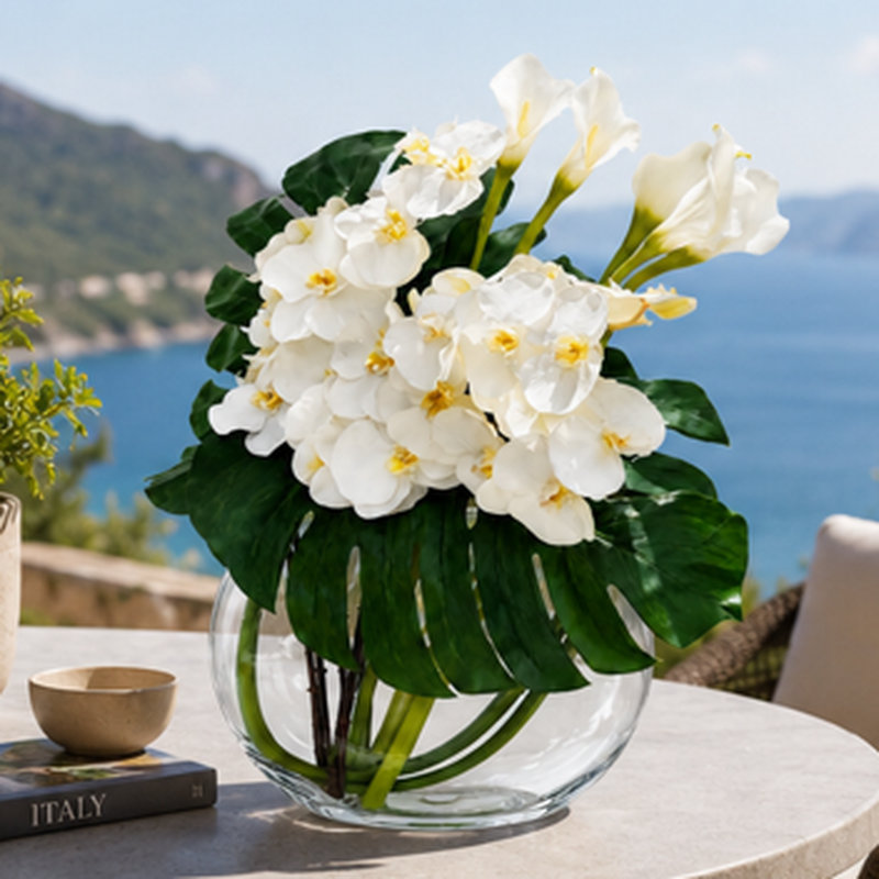 Moon Glass Vase with White Orchids, Monstera Leaves, and White Callas