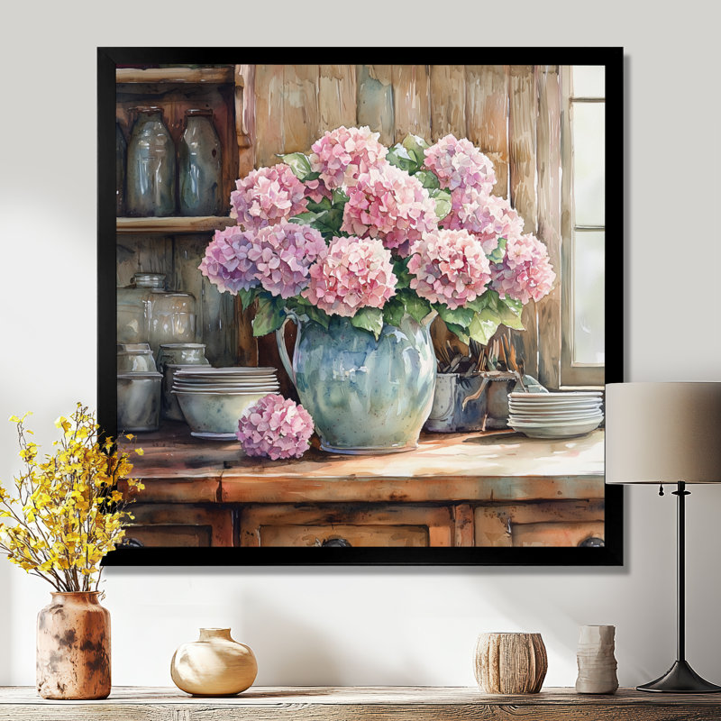 Hortensias à la ferme dans un vase en poterie II - art mural d'hortensias pour le salon, H 16 po x l 16 po