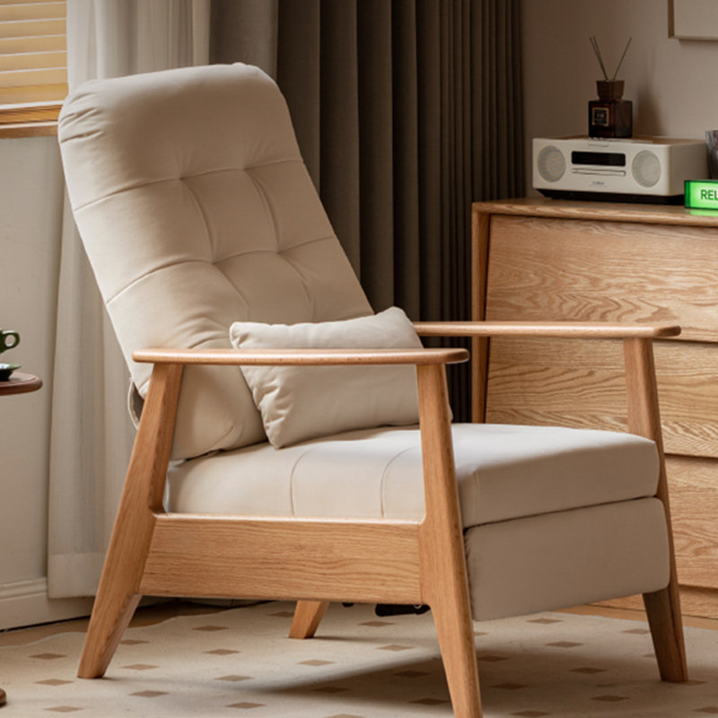 Chaise longue en chêne massif écologique, Mélange de polyester blanc cassé, Brun